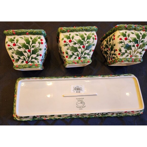 Handpainted Ceramic Holly Berry Planter Set With 3 Square Pots & Tray Holiday De - Picture 3 of 10